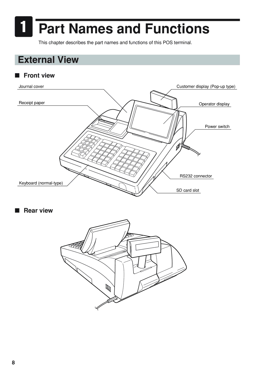 Sharp UP-820N instruction manual Part Names and Functions, External View, Front view, Rear view 