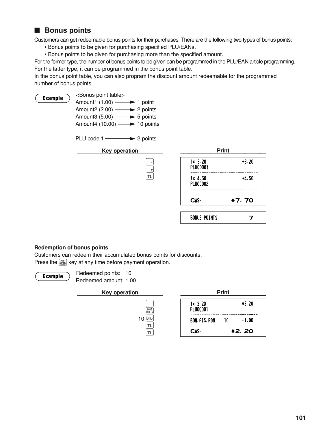 Sharp UP-820N C c, Bonus points, 101, Key operation Print Redemption of bonus points, Redeemed points Redeemed amount 