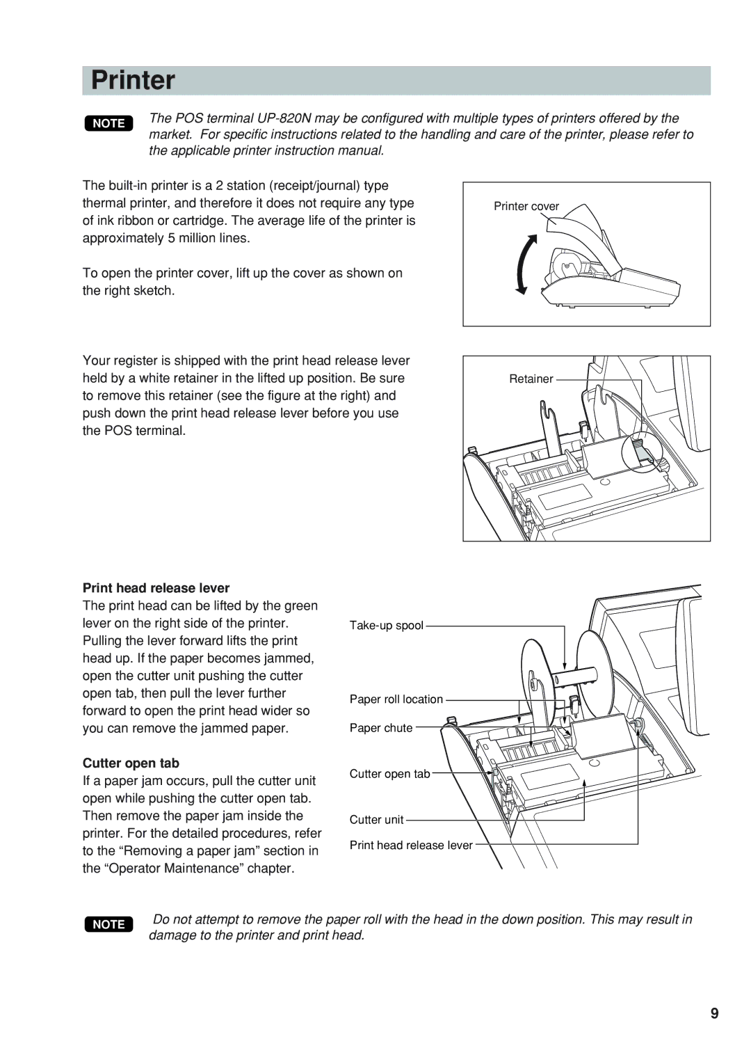 Sharp UP-820N instruction manual Printer, Print head release lever, Cutter open tab 