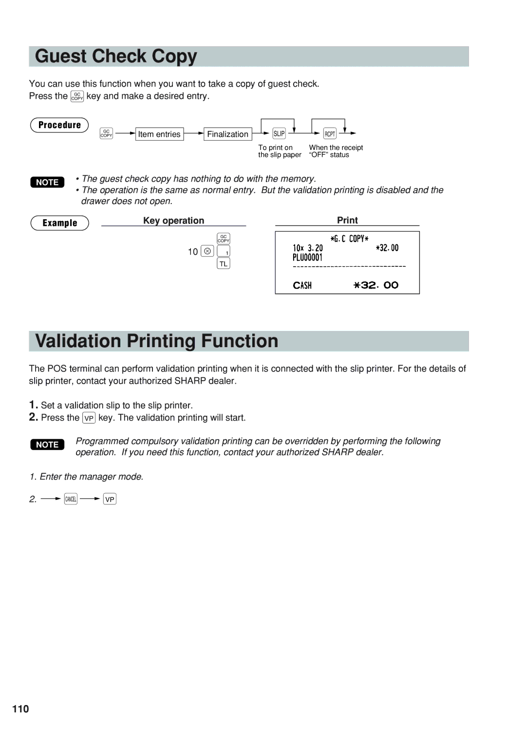 Sharp UP-820N instruction manual Guest Check Copy, Validation Printing Function, 110 