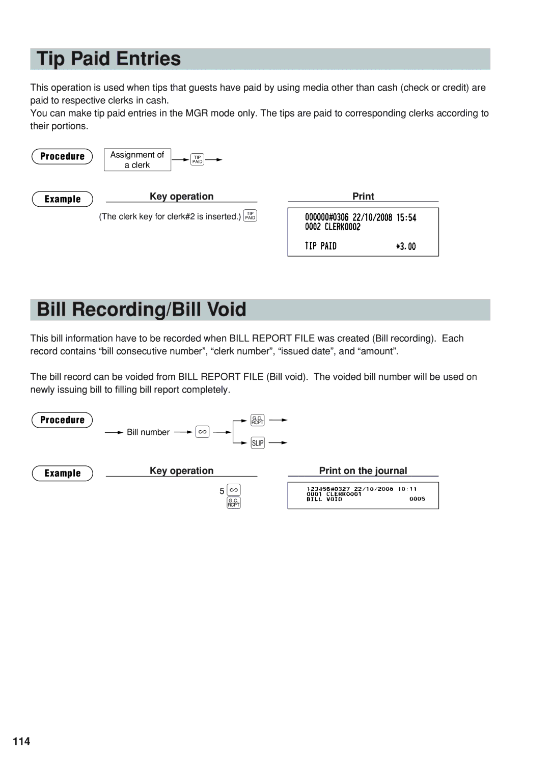 Sharp UP-820N instruction manual Tip Paid Entries, Bill Recording/Bill Void, 114, Procedure Example 