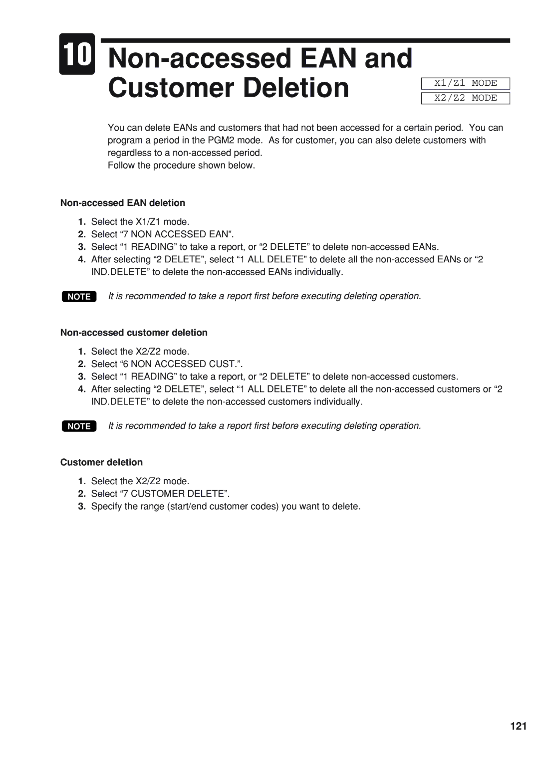 Sharp UP-820N Non-accessed EAN and Customer Deletion, 121, Non-accessed EAN deletion, Non-accessed customer deletion 