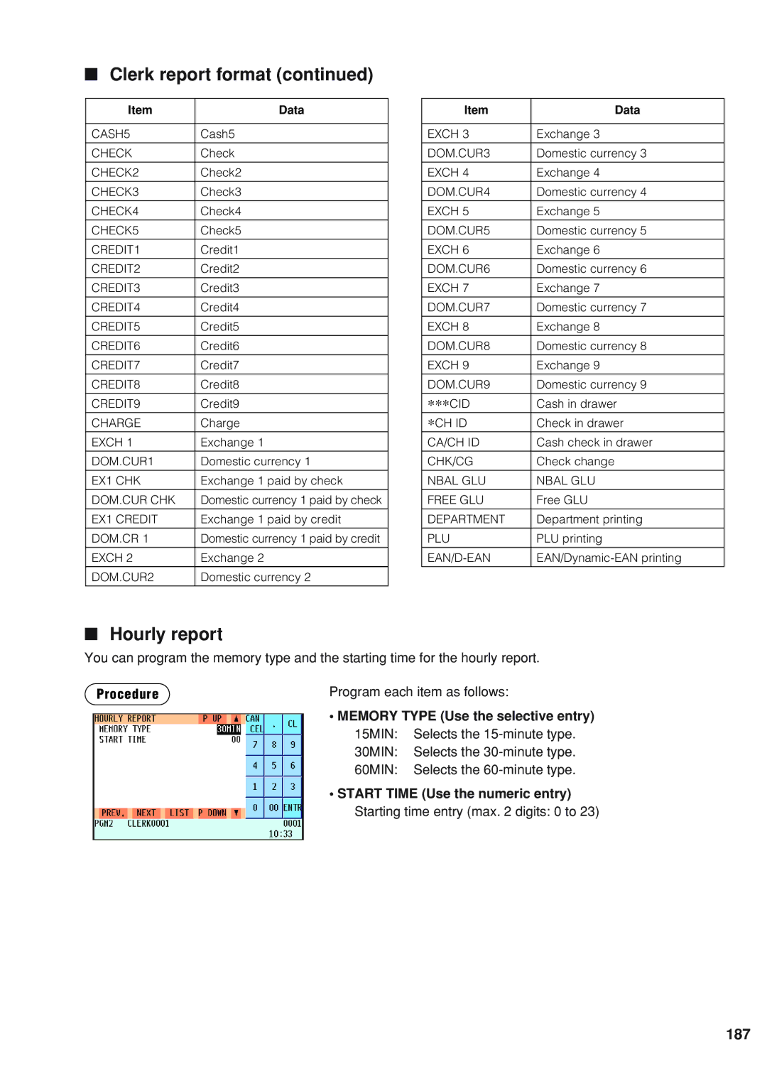 Sharp UP-820N instruction manual Hourly report, 187 