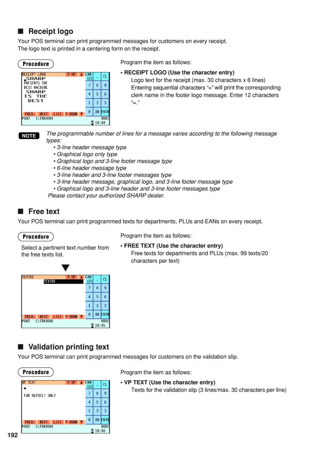 Sharp UP-820N instruction manual Receipt logo, Free text, Validation printing text, 192 