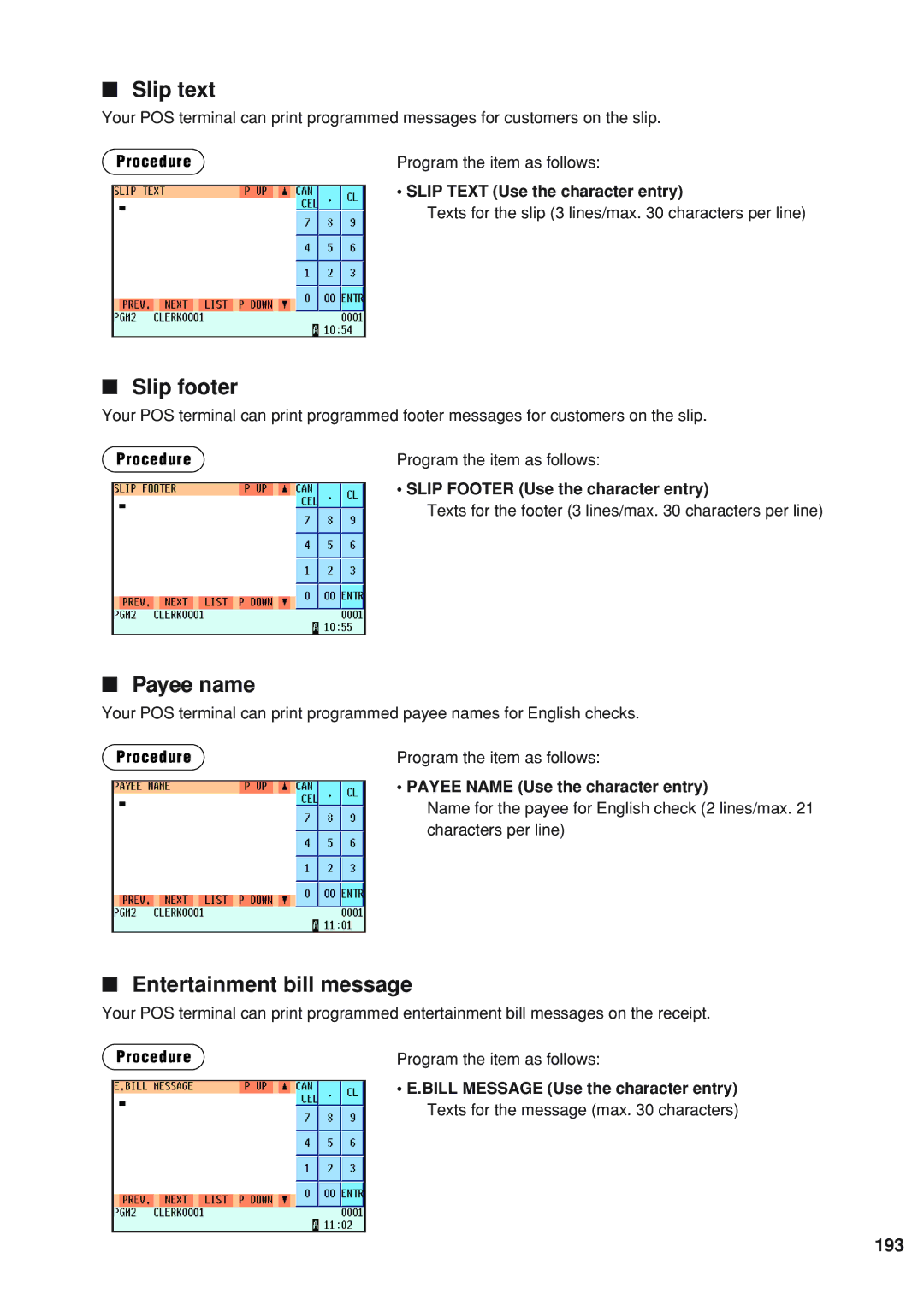 Sharp UP-820N instruction manual Slip text, Slip footer, Payee name, Entertainment bill message, 193 
