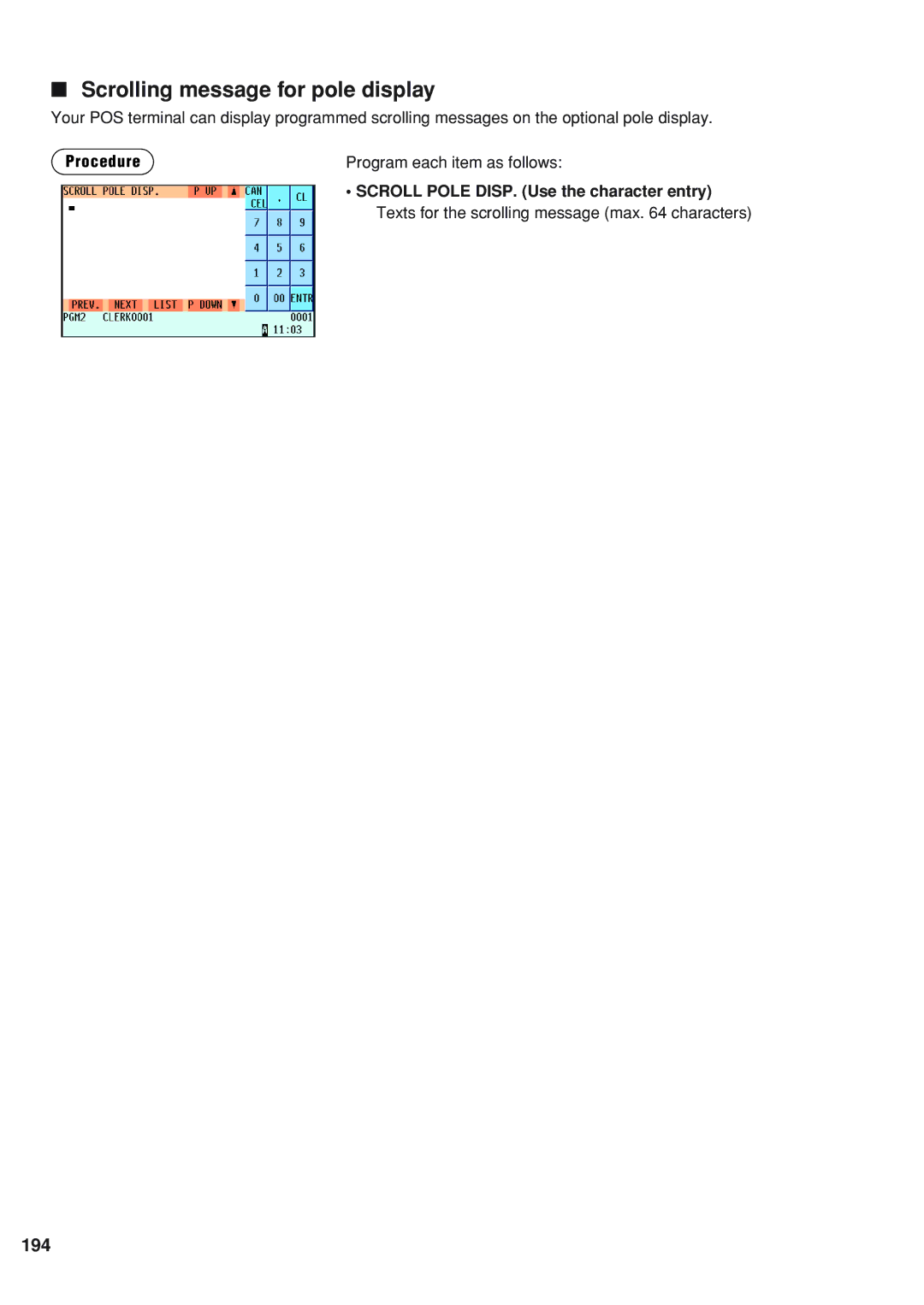 Sharp UP-820N instruction manual Scrolling message for pole display, 194 
