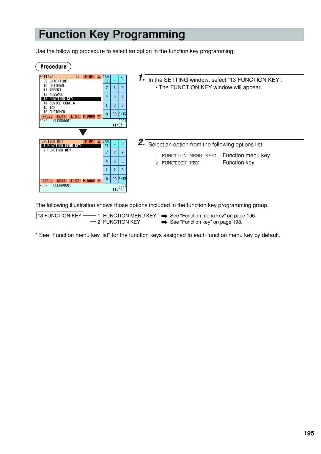 Sharp UP-820N instruction manual Function Key Programming, 195, Function key 