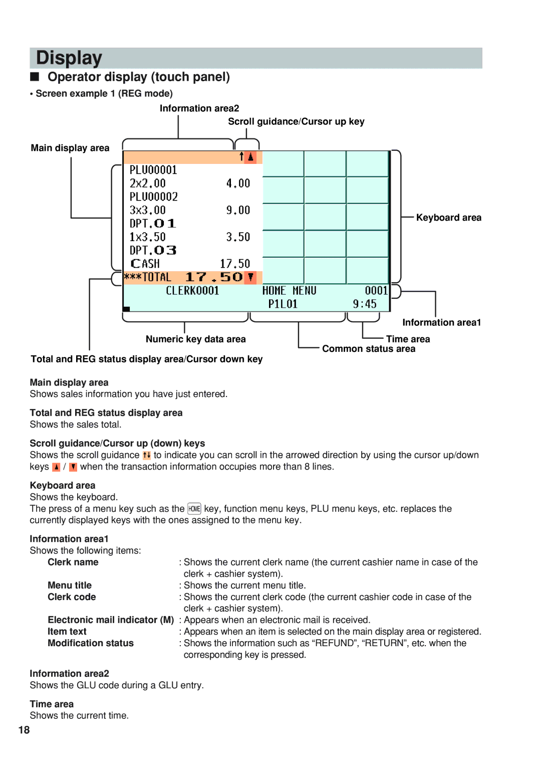 Sharp UP-820N instruction manual Display, Operator display touch panel 