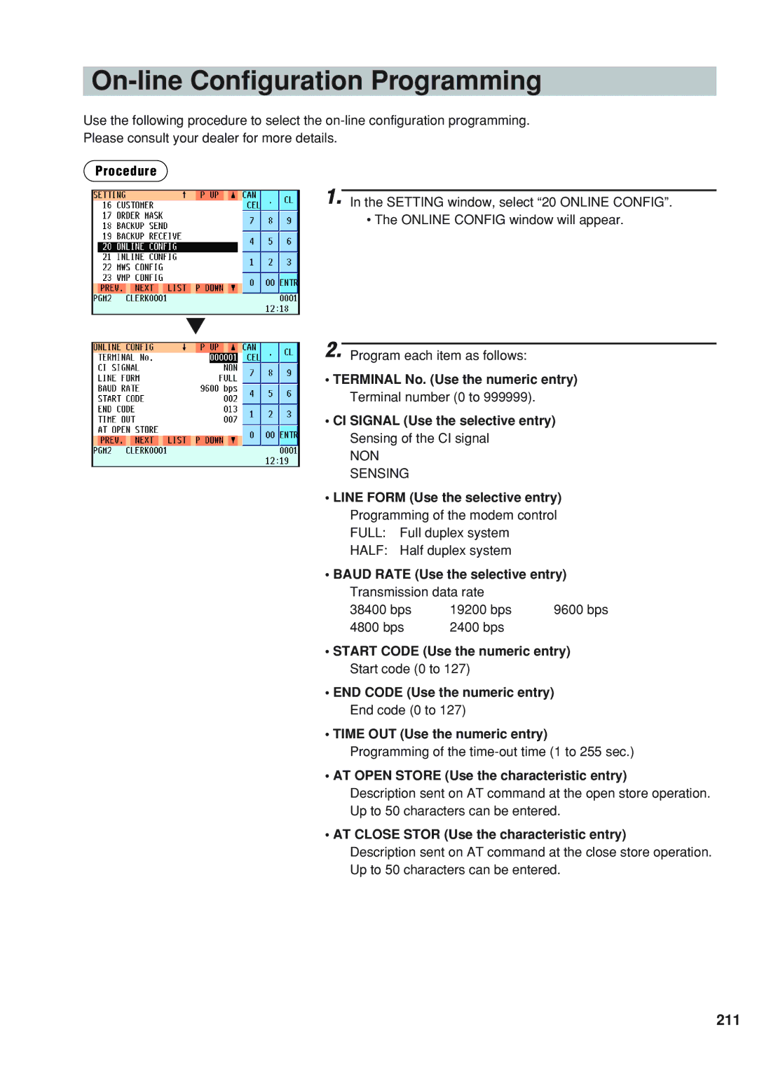 Sharp UP-820N instruction manual On-line Configuration Programming, 211, AT Open Store Use the characteristic entry 