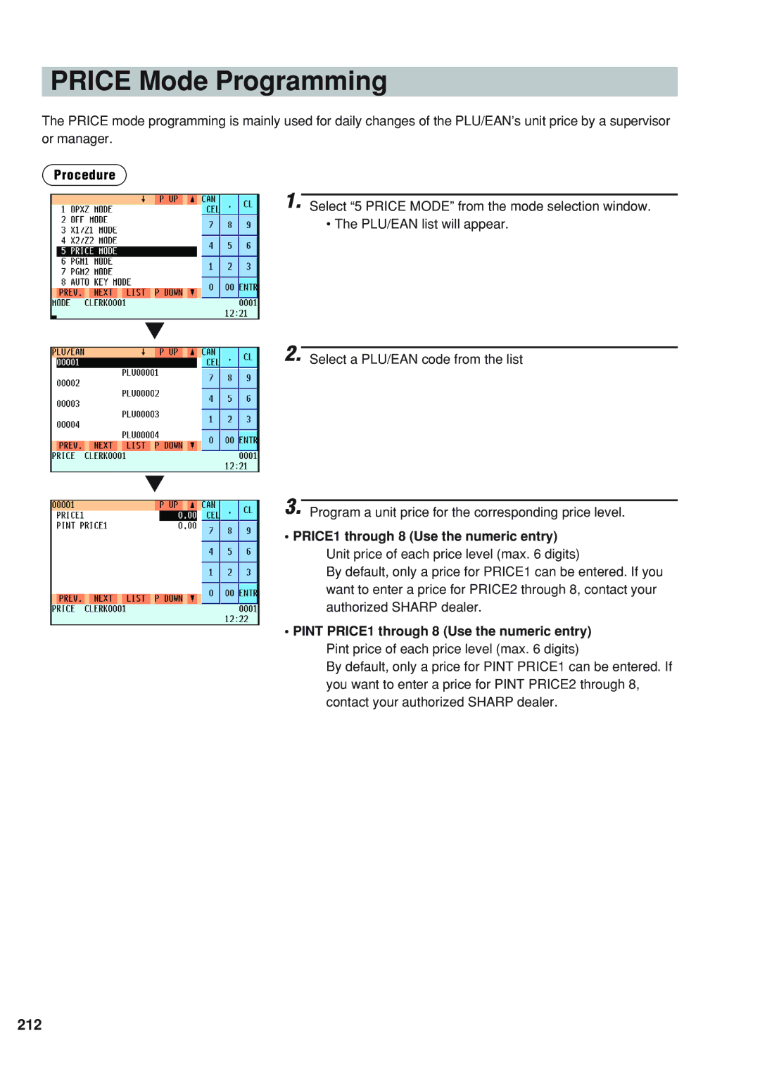 Sharp UP-820N instruction manual Price Mode Programming, 212, Pint PRICE1 through 8 Use the numeric entry 