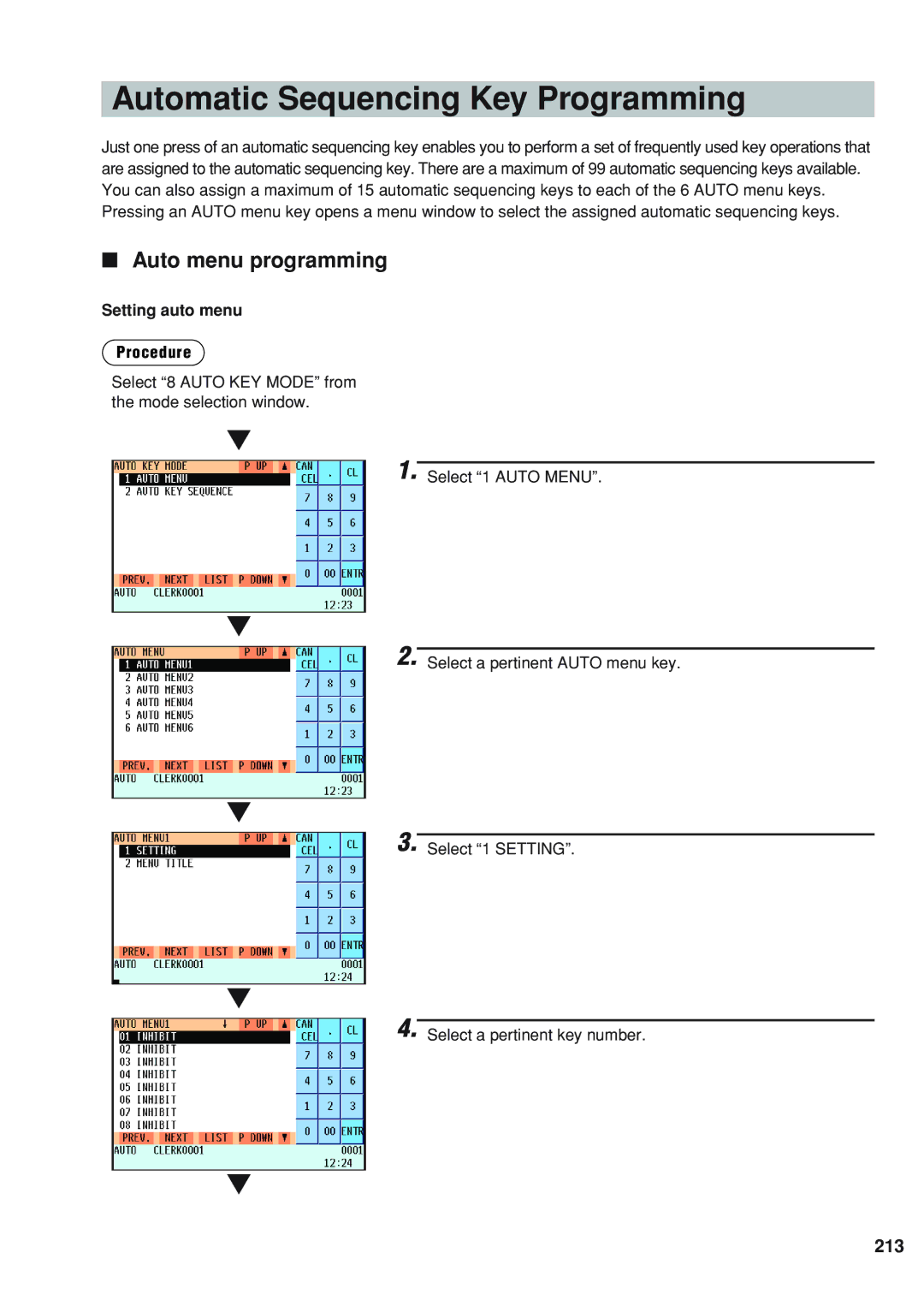 Sharp UP-820N Automatic Sequencing Key Programming, Auto menu programming, 213, Setting auto menu Procedure 