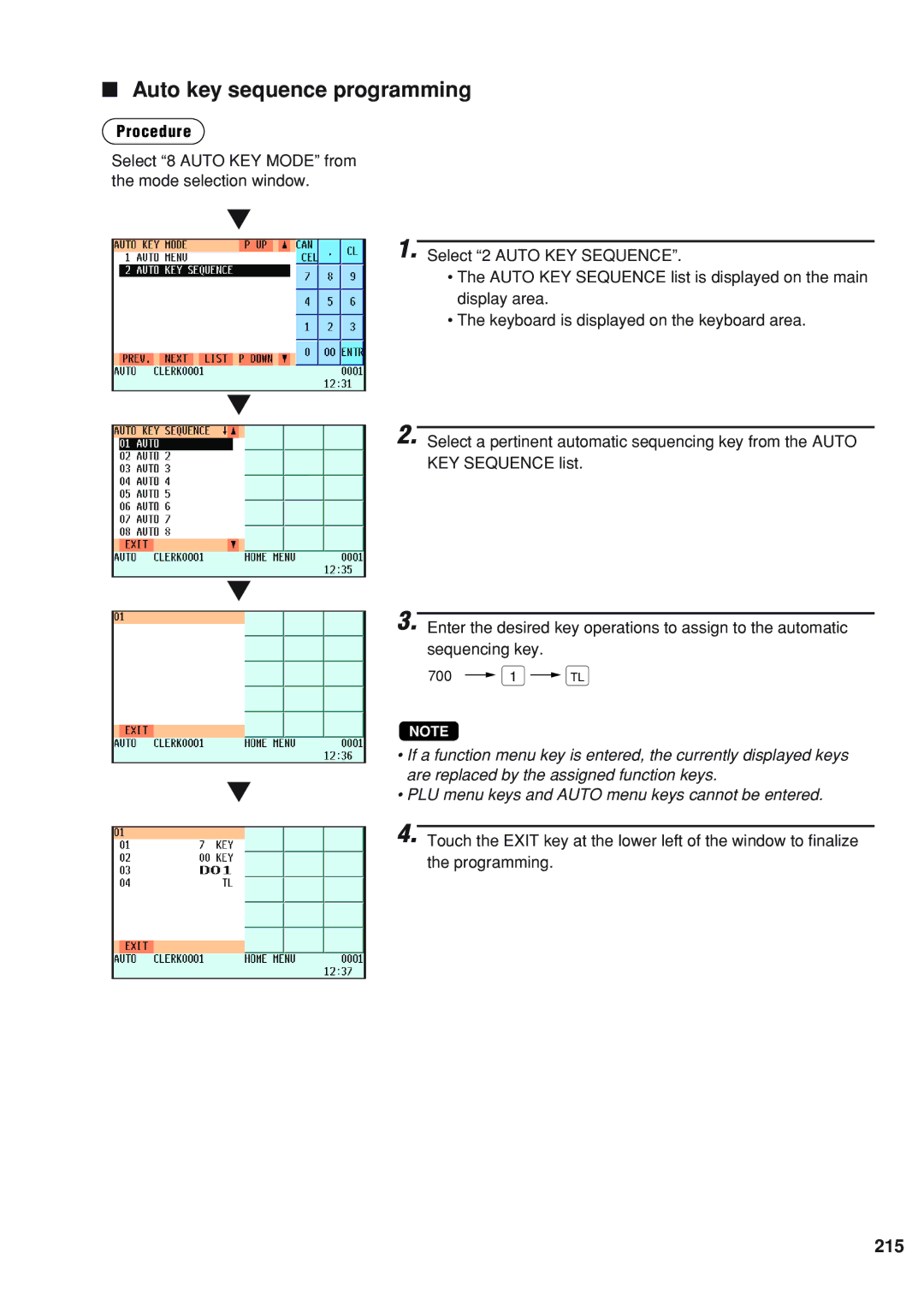 Sharp UP-820N instruction manual 700 1 c, Auto key sequence programming, 215 