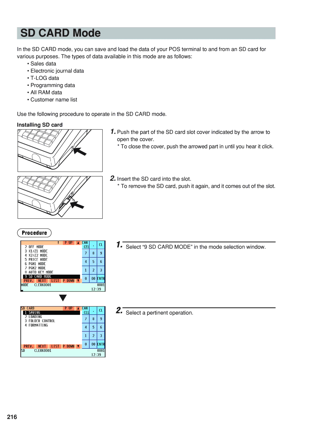 Sharp UP-820N instruction manual SD Card Mode, 216, Installing SD card 