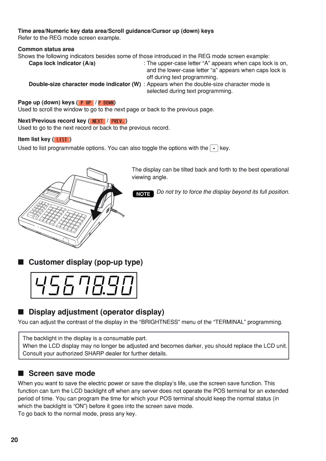 Sharp UP-820N Screen save mode, Refer to the REG mode screen example, Up down keys, Next/Previous record key 