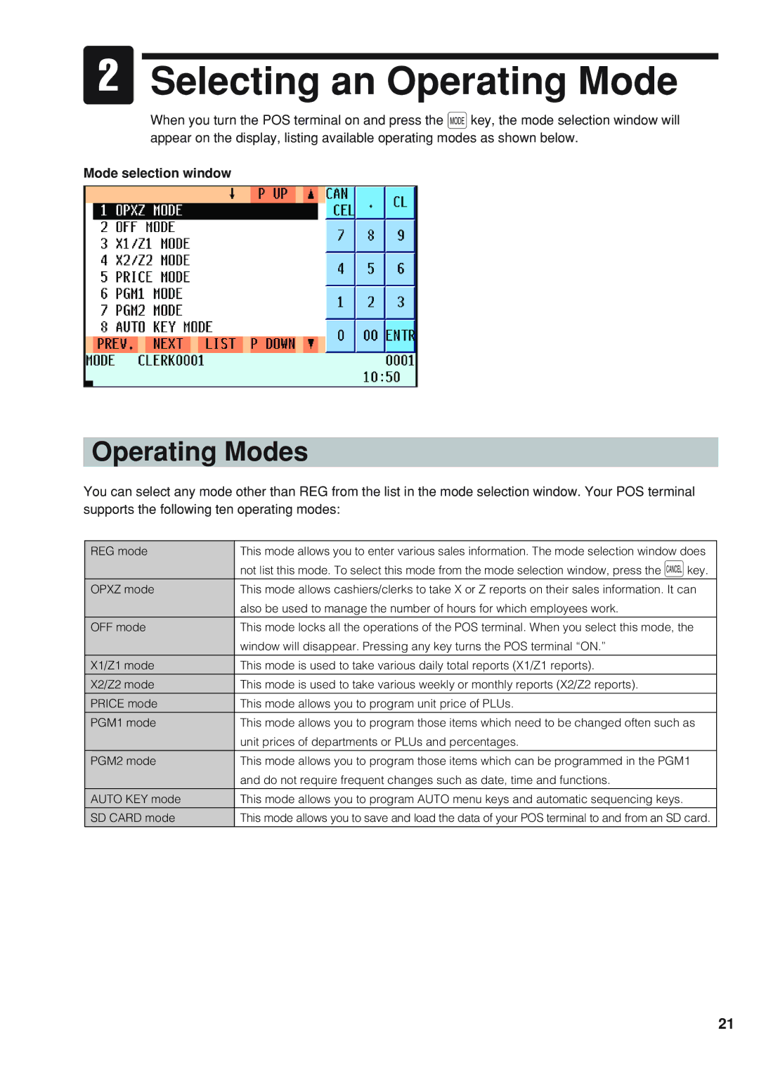 Sharp UP-820N instruction manual Selecting an Operating Mode, Operating Modes, Mode selection window 