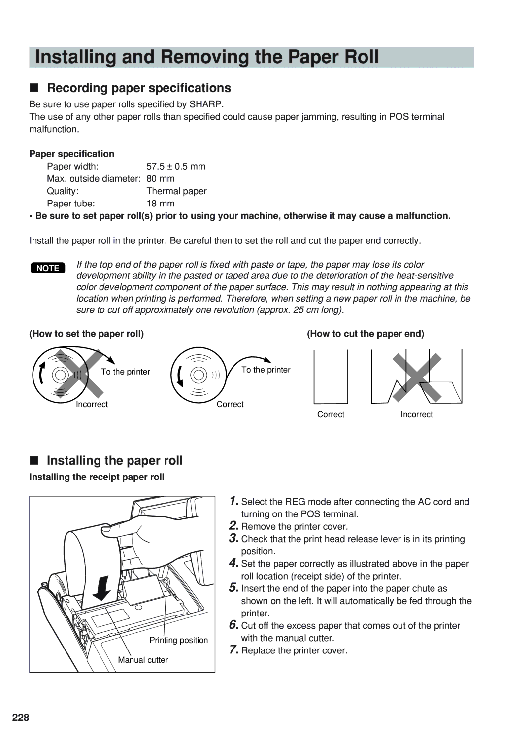 Sharp UP-820N Installing and Removing the Paper Roll, Recording paper specifications, Installing the paper roll, 228 