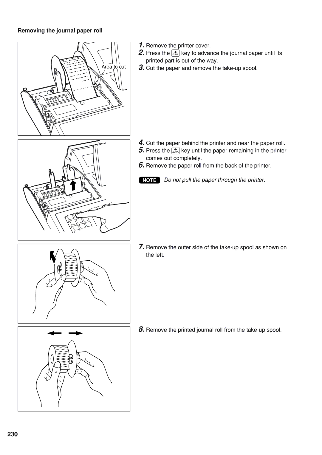 Sharp UP-820N instruction manual 230, Removing the journal paper roll 