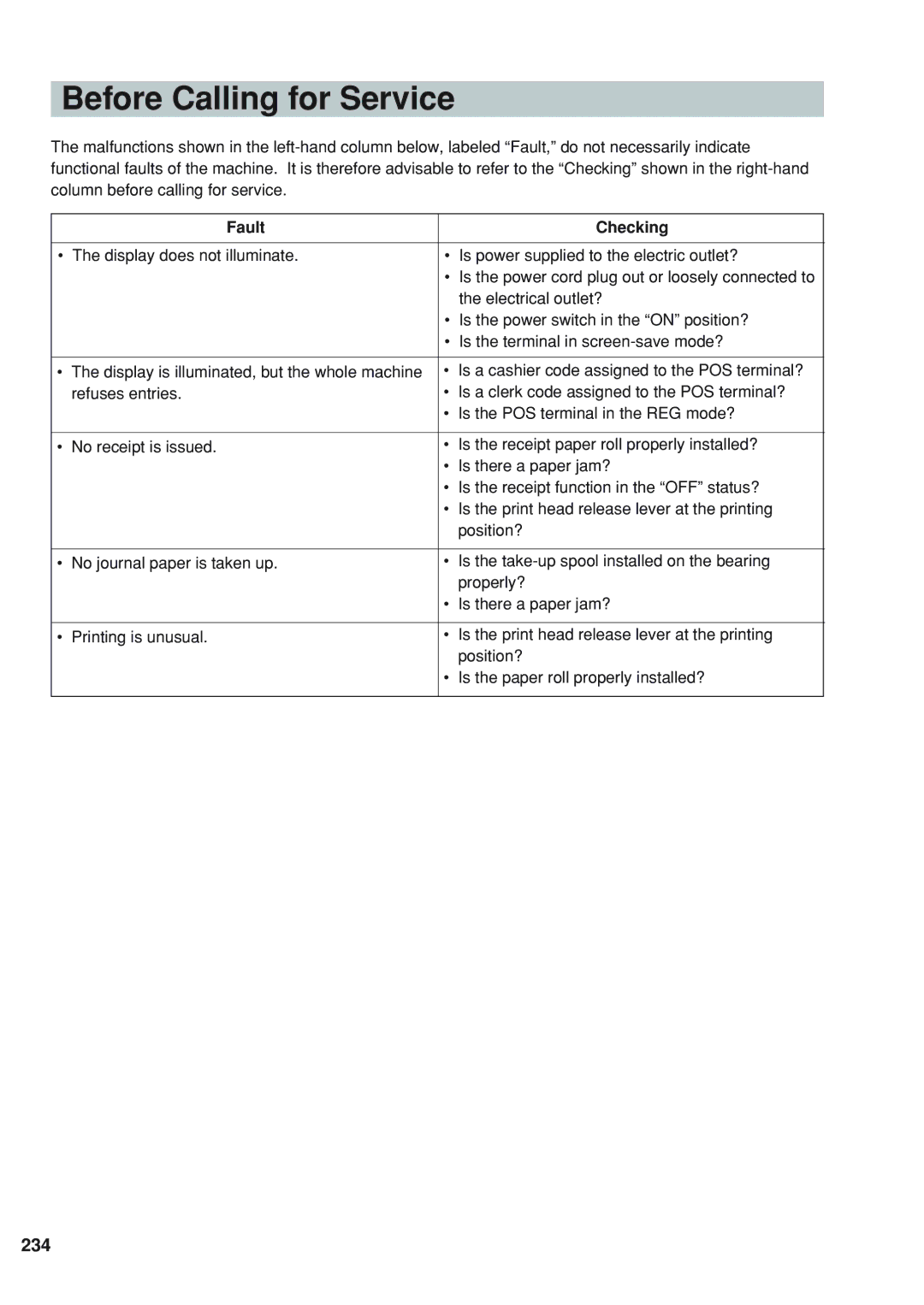 Sharp UP-820N instruction manual Before Calling for Service, 234, Fault Checking 