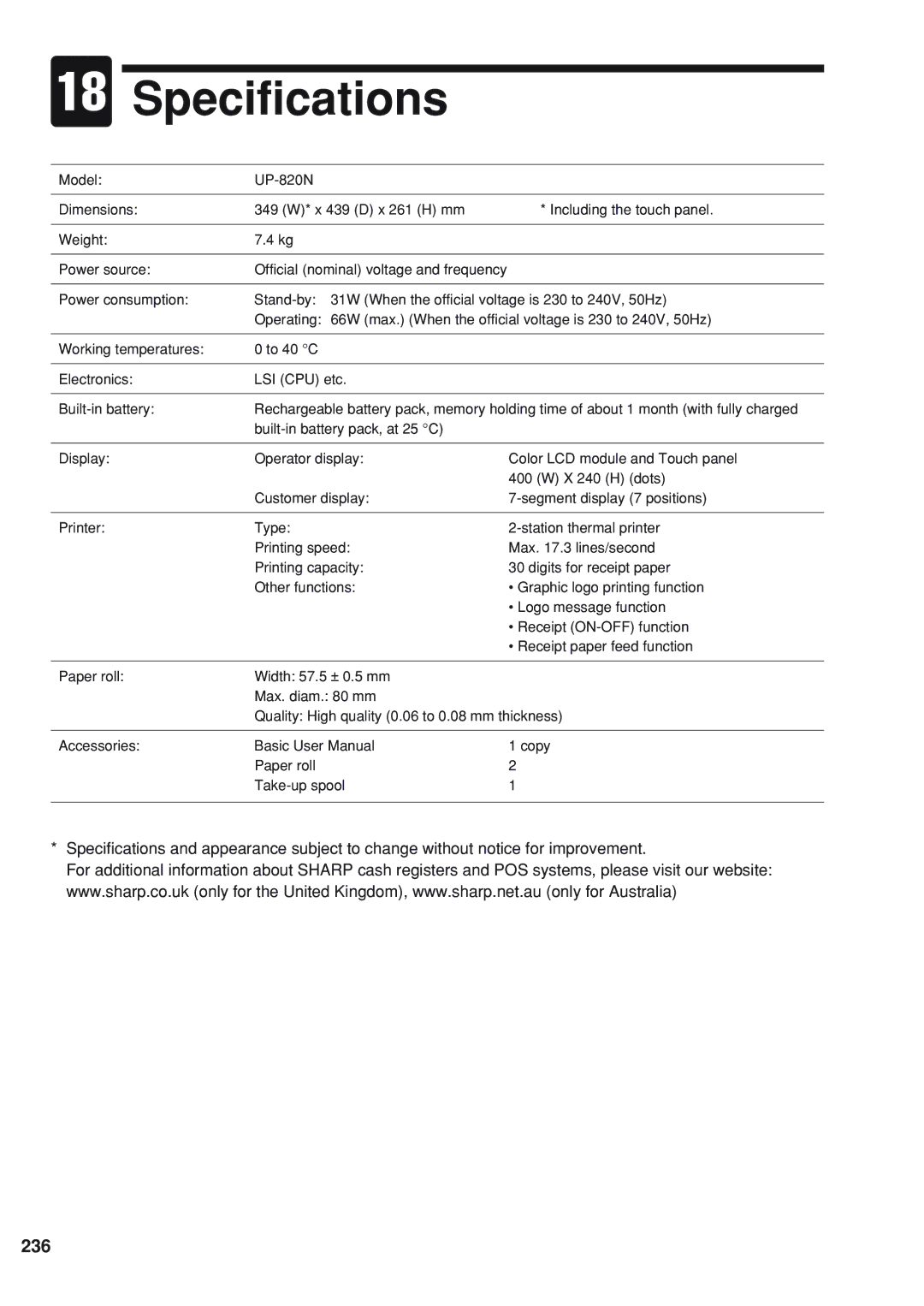 Sharp UP-820N instruction manual Specifications, 236 