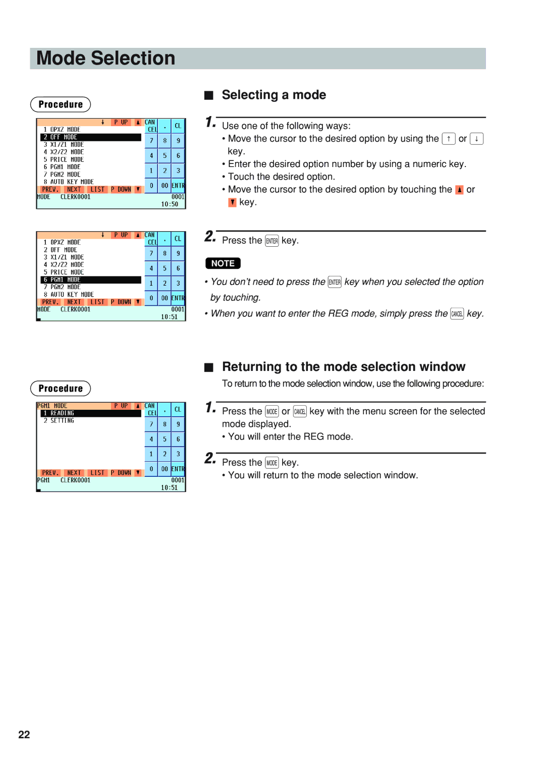 Sharp UP-820N instruction manual Mode Selection, Selecting a mode, Returning to the mode selection window, Procedure 