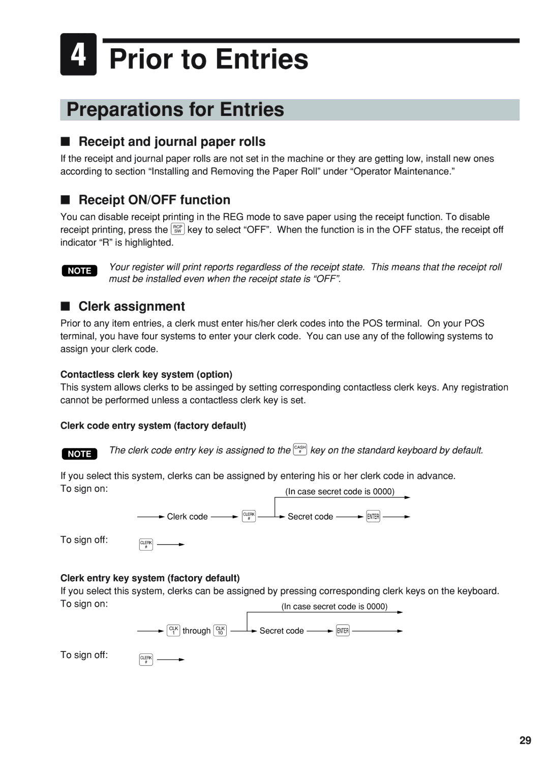 Sharp UP-820N Prior to Entries, Preparations for Entries, Receipt and journal paper rolls, Receipt ON/OFF function 