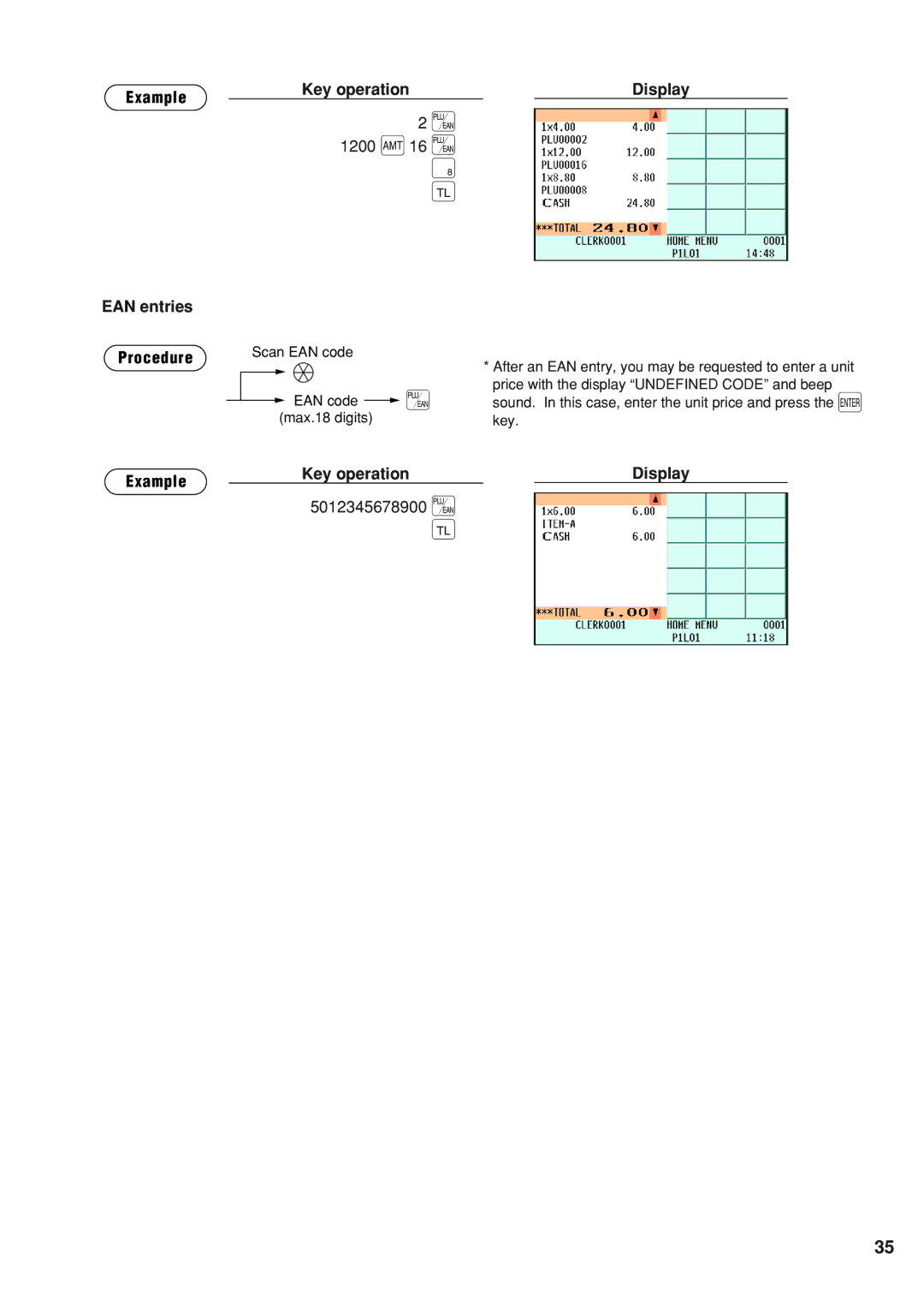 Sharp UP-820N instruction manual Example Key operation Display, 1200 `16 u, EAN entries Procedure, 5012345678900 u 