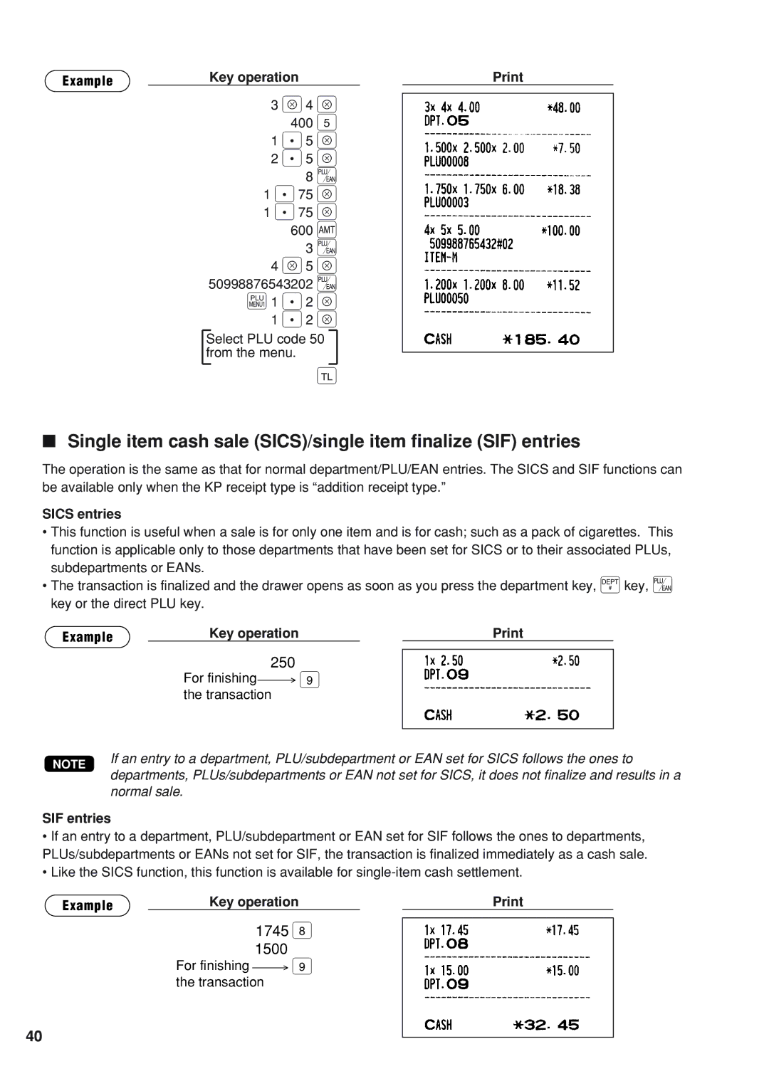 Sharp UP-820N instruction manual 400 600 `, Single item cash sale SICS/single item finalize SIF entries, Sics entries 