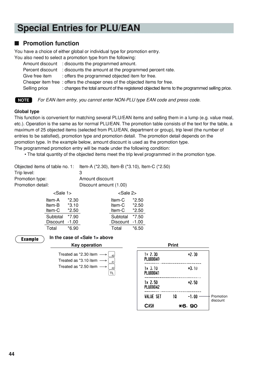 Sharp UP-820N instruction manual Special Entries for PLU/EAN, Promotion function, Global type 