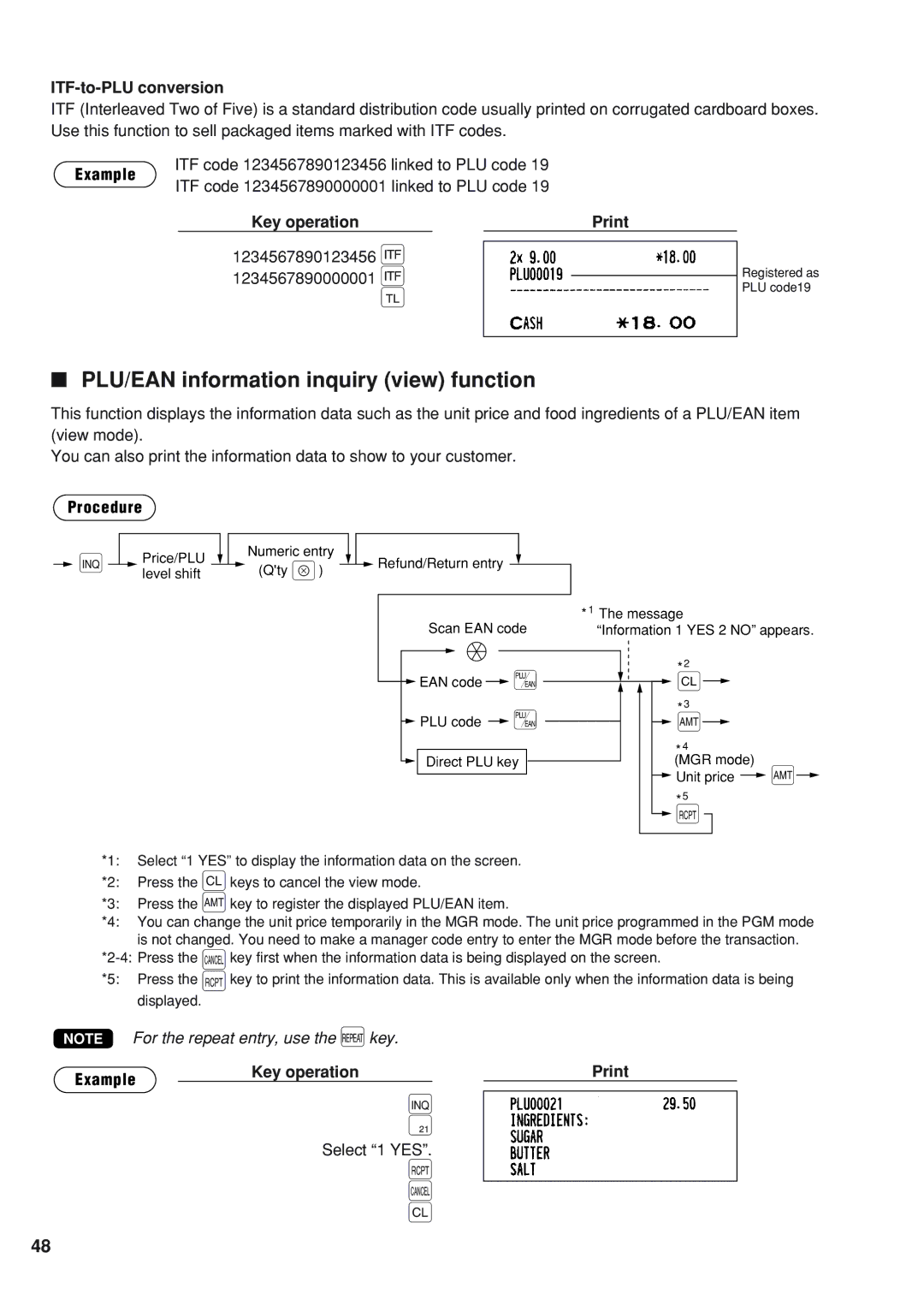 Sharp UP-820N PLU/EAN information inquiry view function, ITF-to-PLU conversion, 1234567890123456 1234567890000001 