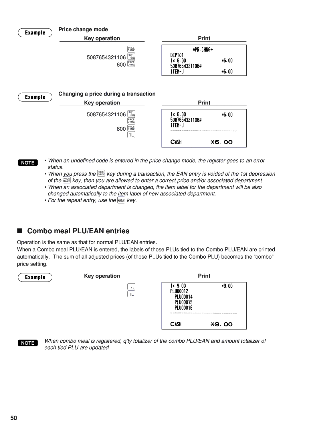 Sharp UP-820N 600 Ê, Combo meal PLU/EAN entries, Example Price change mode Key operation Print, 5087654321106 u 