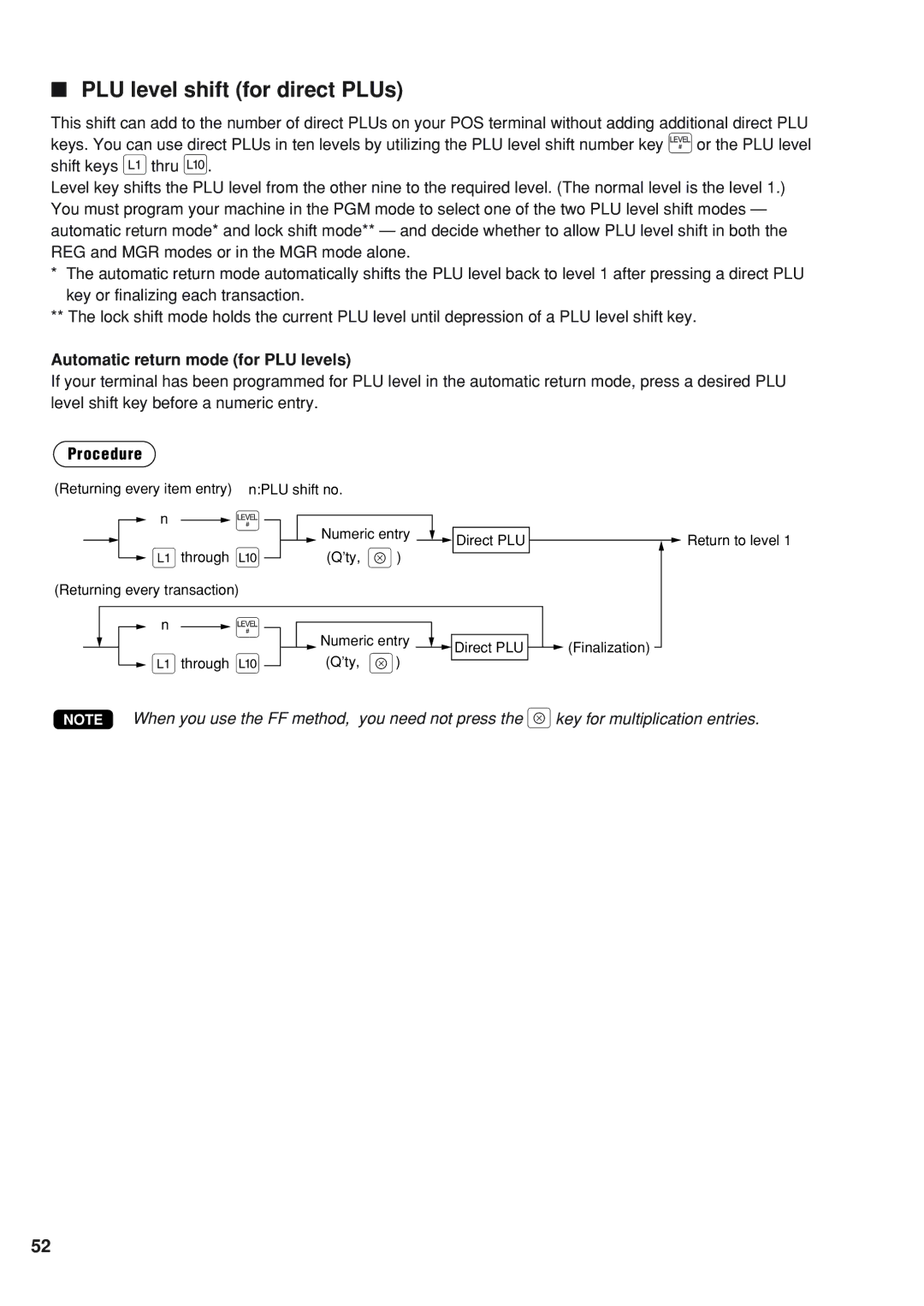 Sharp UP-820N instruction manual PLU level shift for direct PLUs, Automatic return mode for PLU levels 