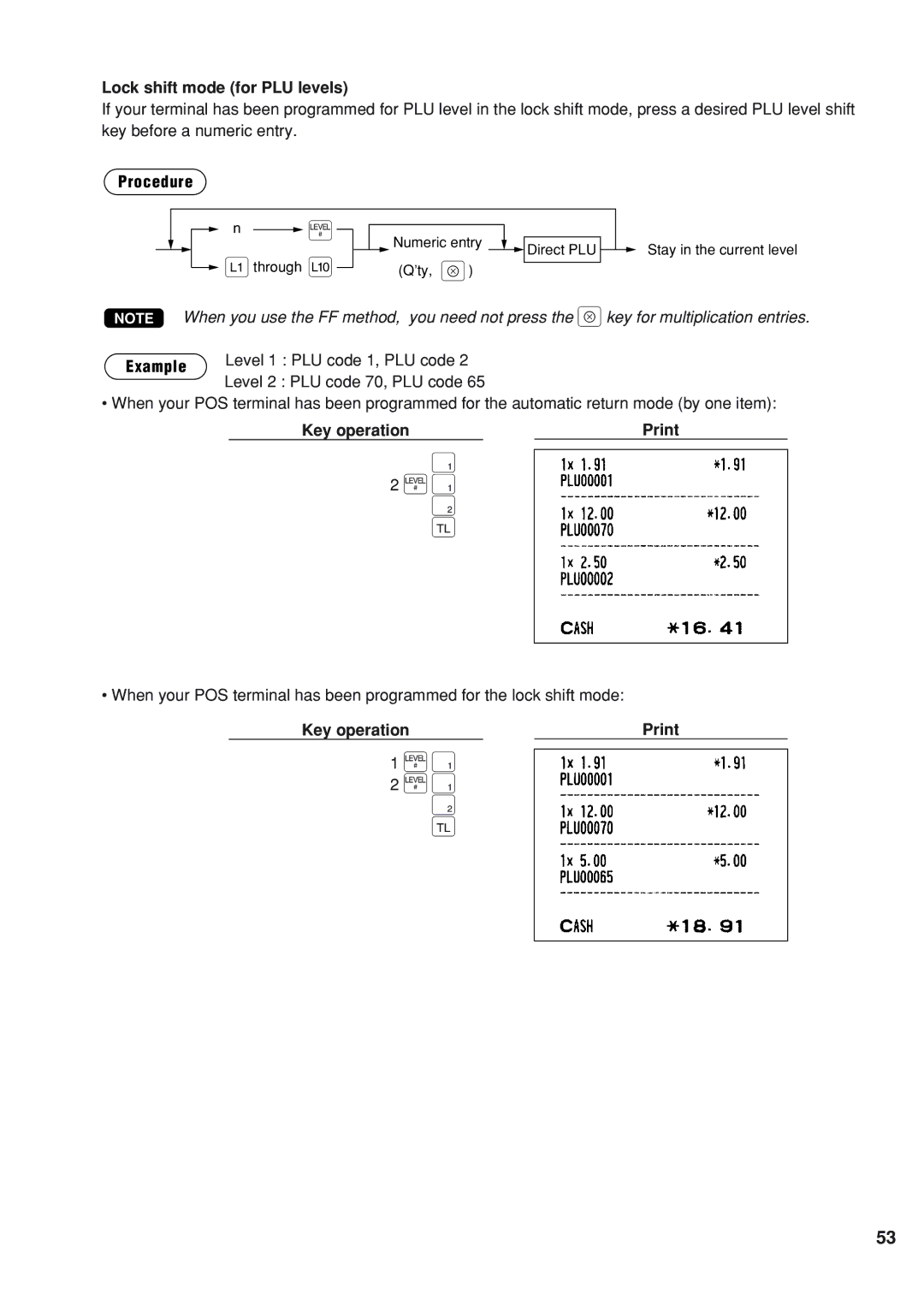 Sharp UP-820N instruction manual Lock shift mode for PLU levels, Level 1 PLU code 1, PLU code 