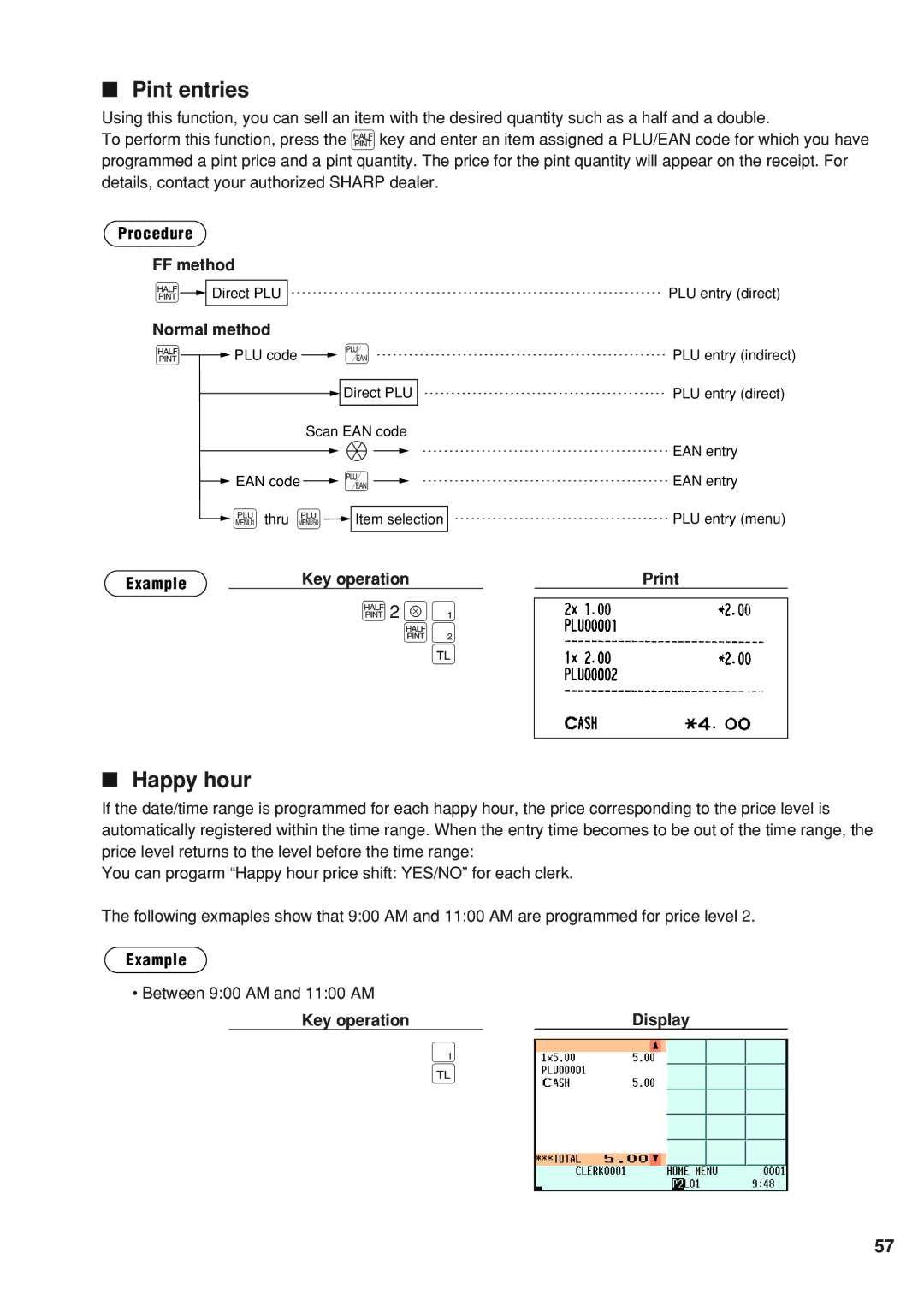 Sharp UP-820N instruction manual X1 2 c, Pint entries, Happy hour, Between 900 AM and 1100 AM 