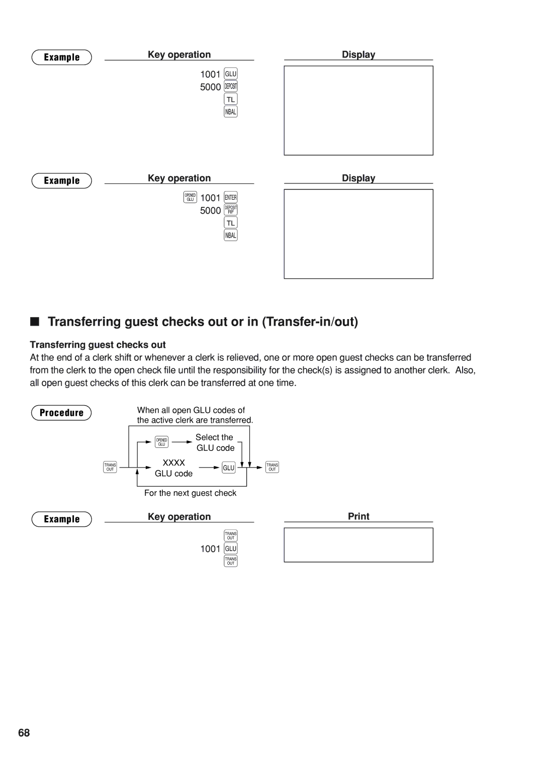 Sharp UP-820N instruction manual Transferring guest checks out or in Transfer-in/out, 1001 g 5000, 1001 e 5000 