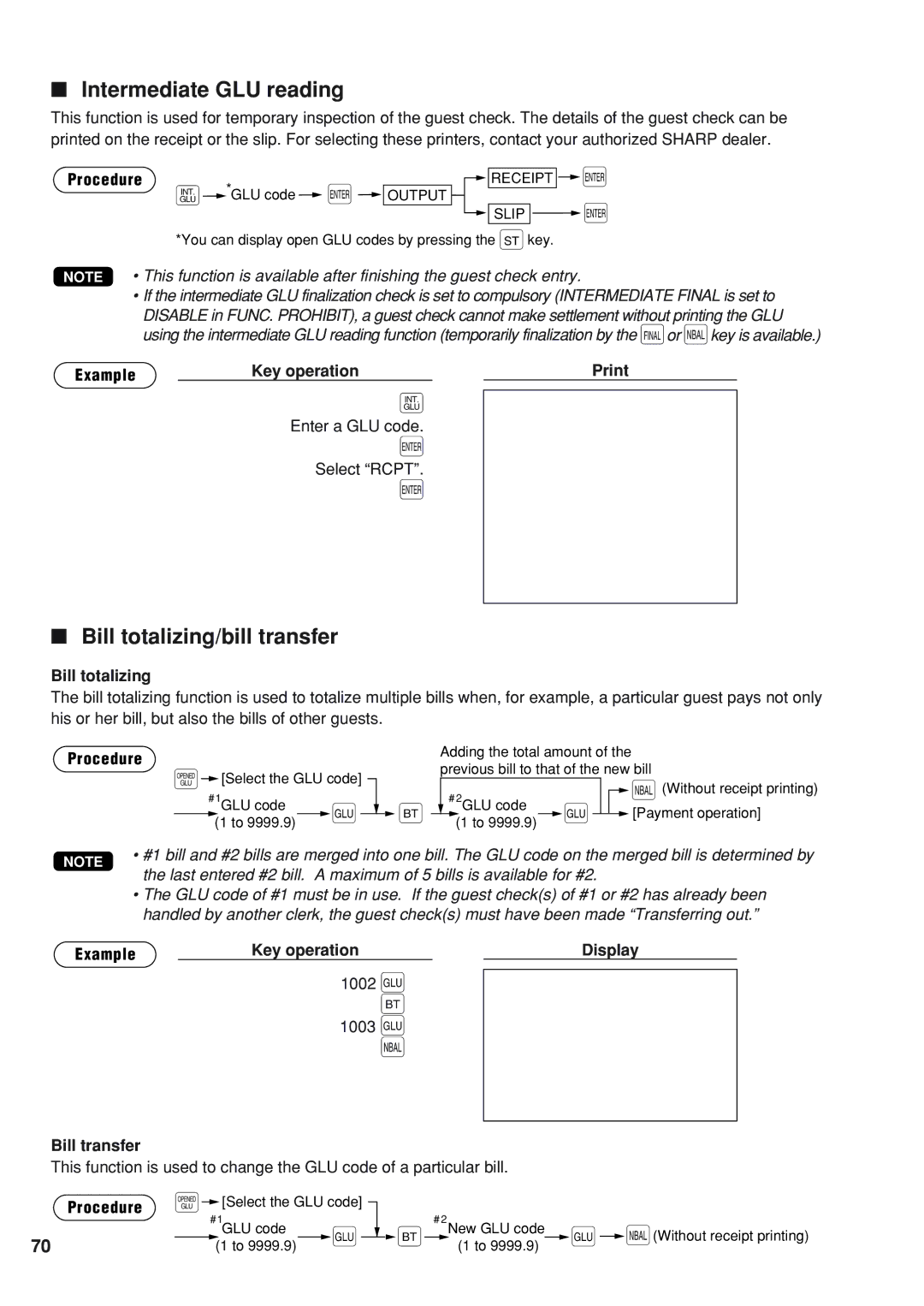 Sharp UP-820N instruction manual Intermediate GLU reading, Bill totalizing/bill transfer, Bill transfer 