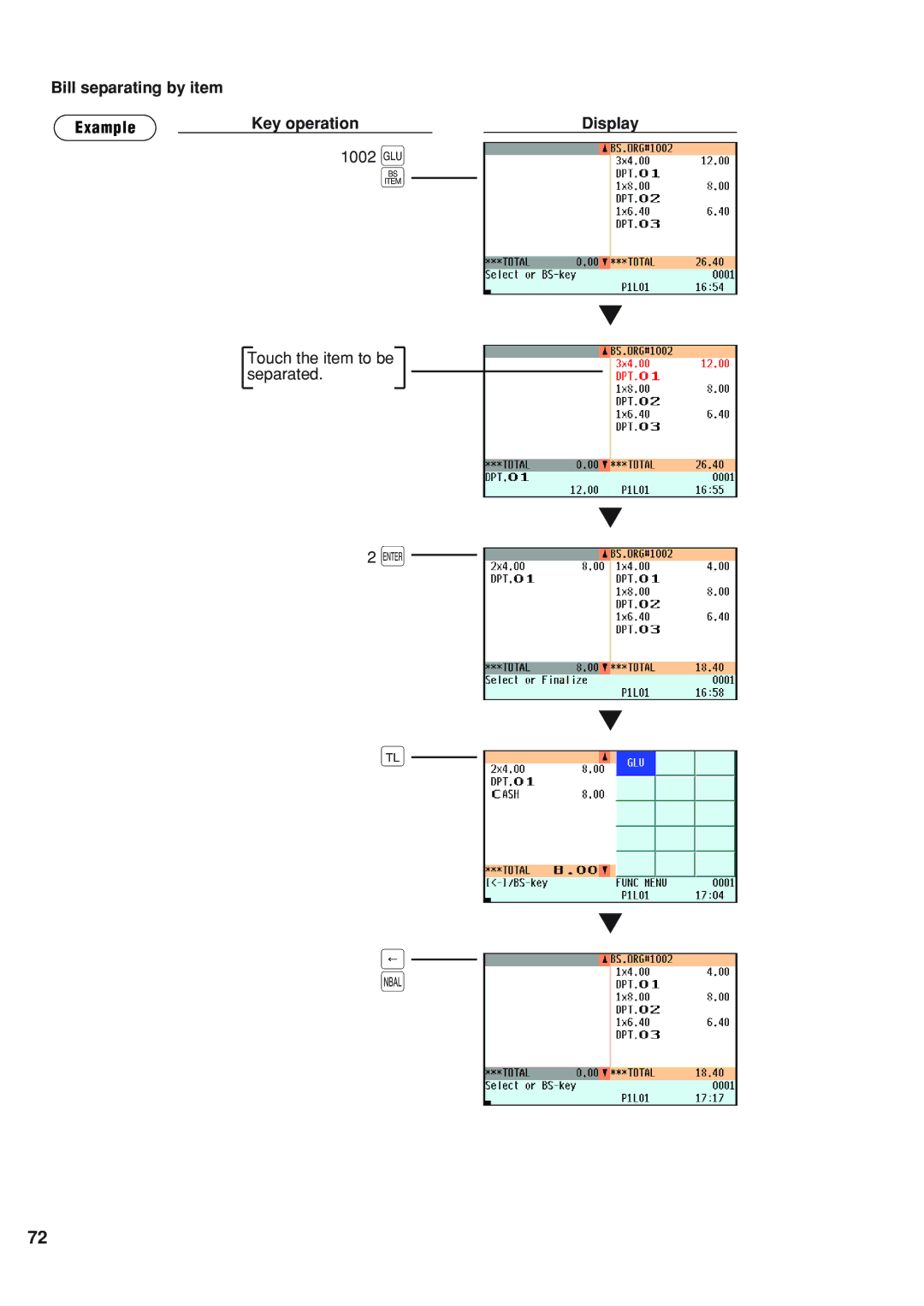 Sharp UP-820N instruction manual Bill separating by item Example Key operation Display, g Touch the item to be separated 