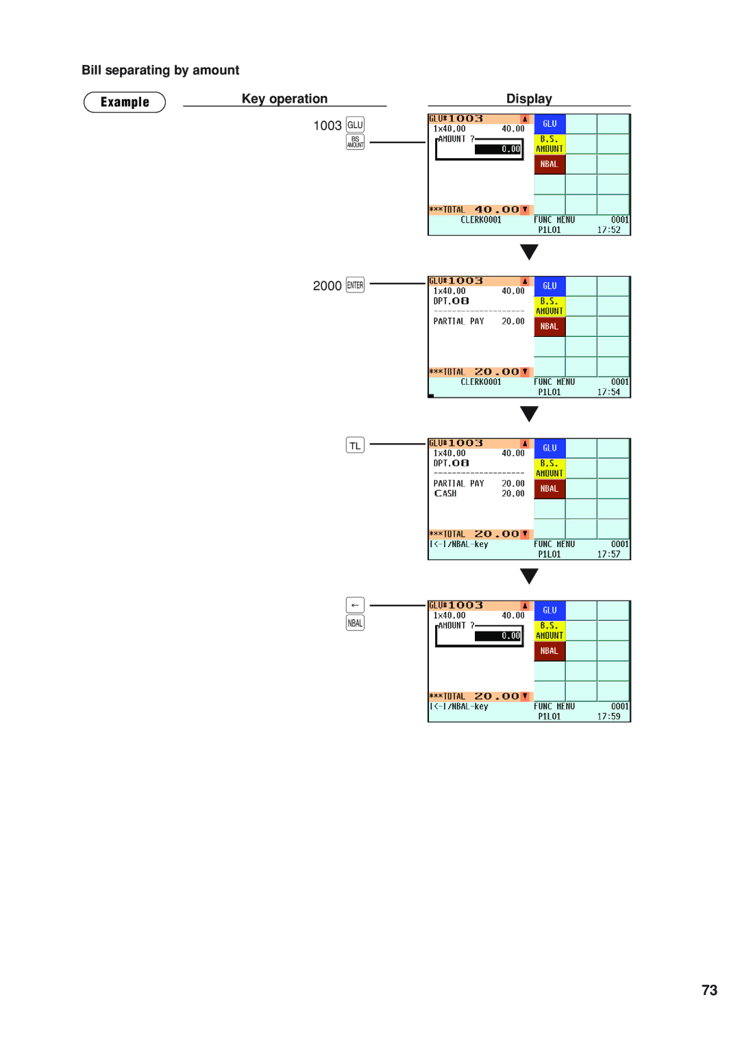 Sharp UP-820N instruction manual Bill separating by amount Example Key operation Display, 1003 g 2000 e 