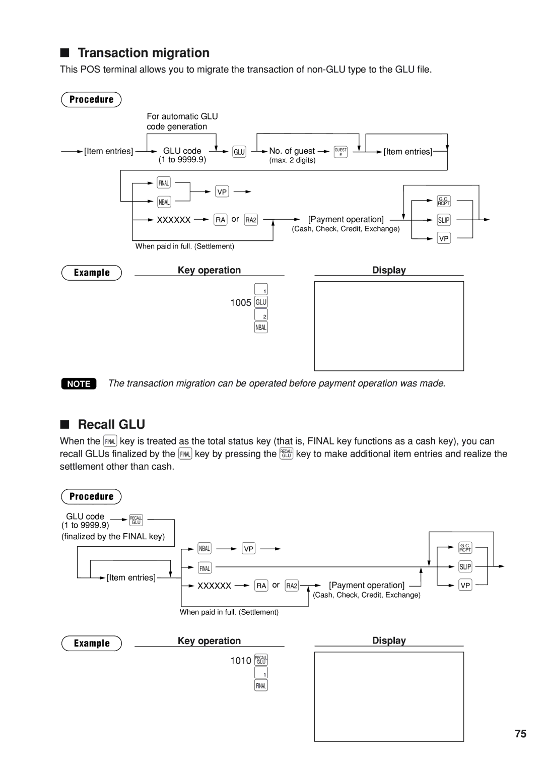 Sharp UP-820N instruction manual √ ı, Transaction migration, Recall GLU, 1005, 1010 Ü 