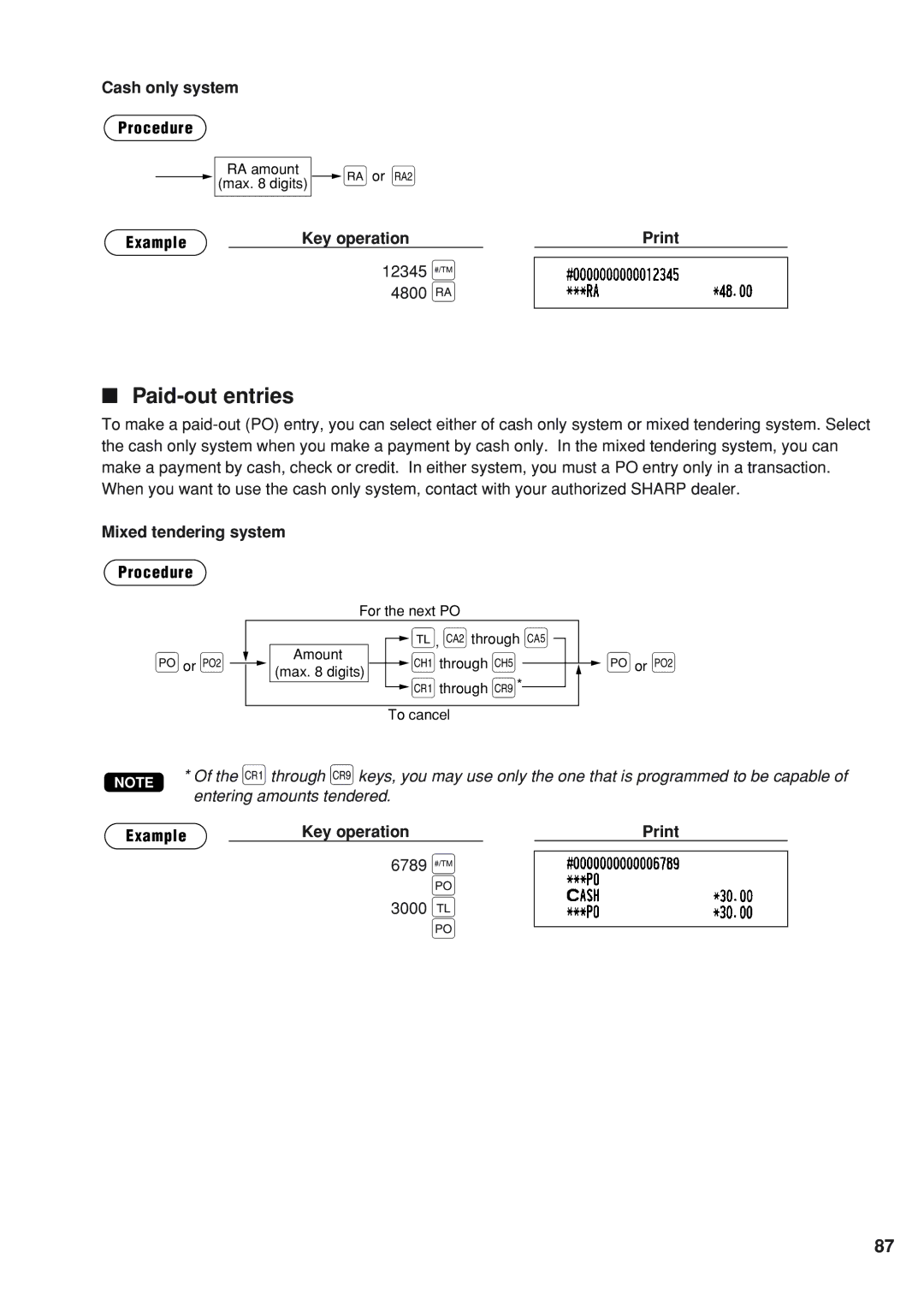 Sharp UP-820N instruction manual Paid-out entries, Cash only system Procedure, 12345 4800 Y, 6789 = 3000 c 