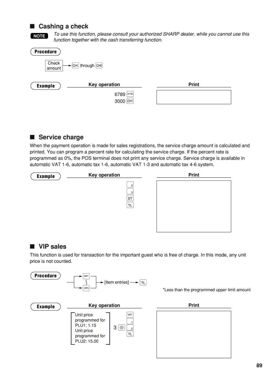 Sharp UP-820N instruction manual Cashing a check, Service charge, VIP sales, 6789 = 3000 h 