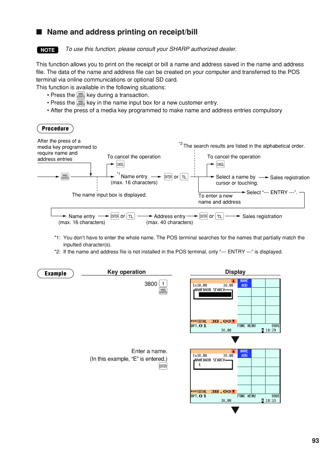 Sharp UP-820N instruction manual Name and address printing on receipt/bill, 3800 