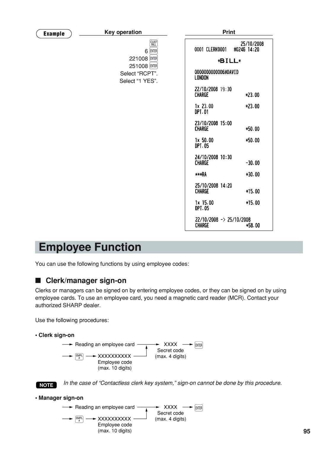 Sharp UP-820N instruction manual Employee Function, Clerk/manager sign-on, Clerk sign-on, Manager sign-on 