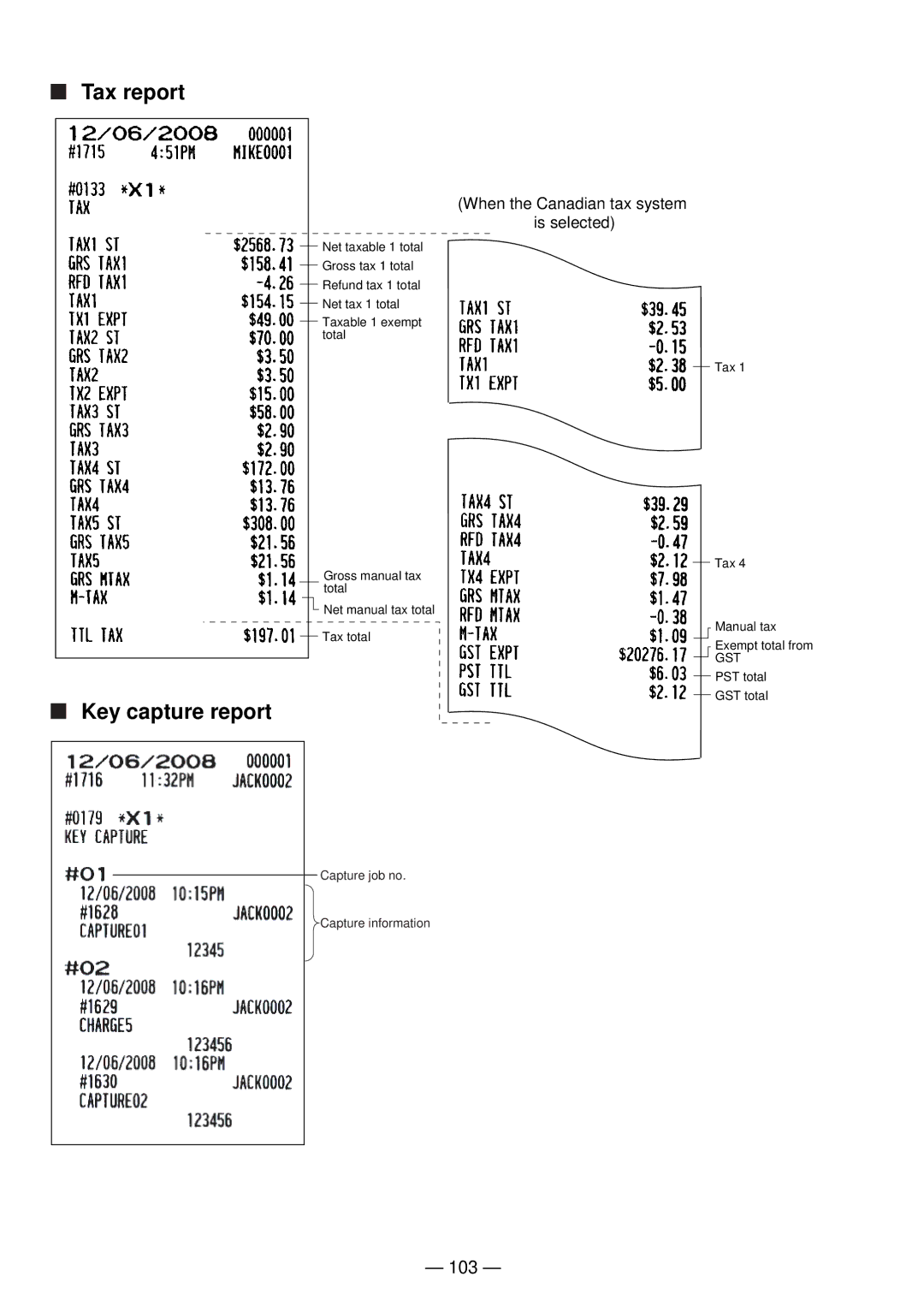 Sharp UP-820N manual Tax report, Key capture report, 103 