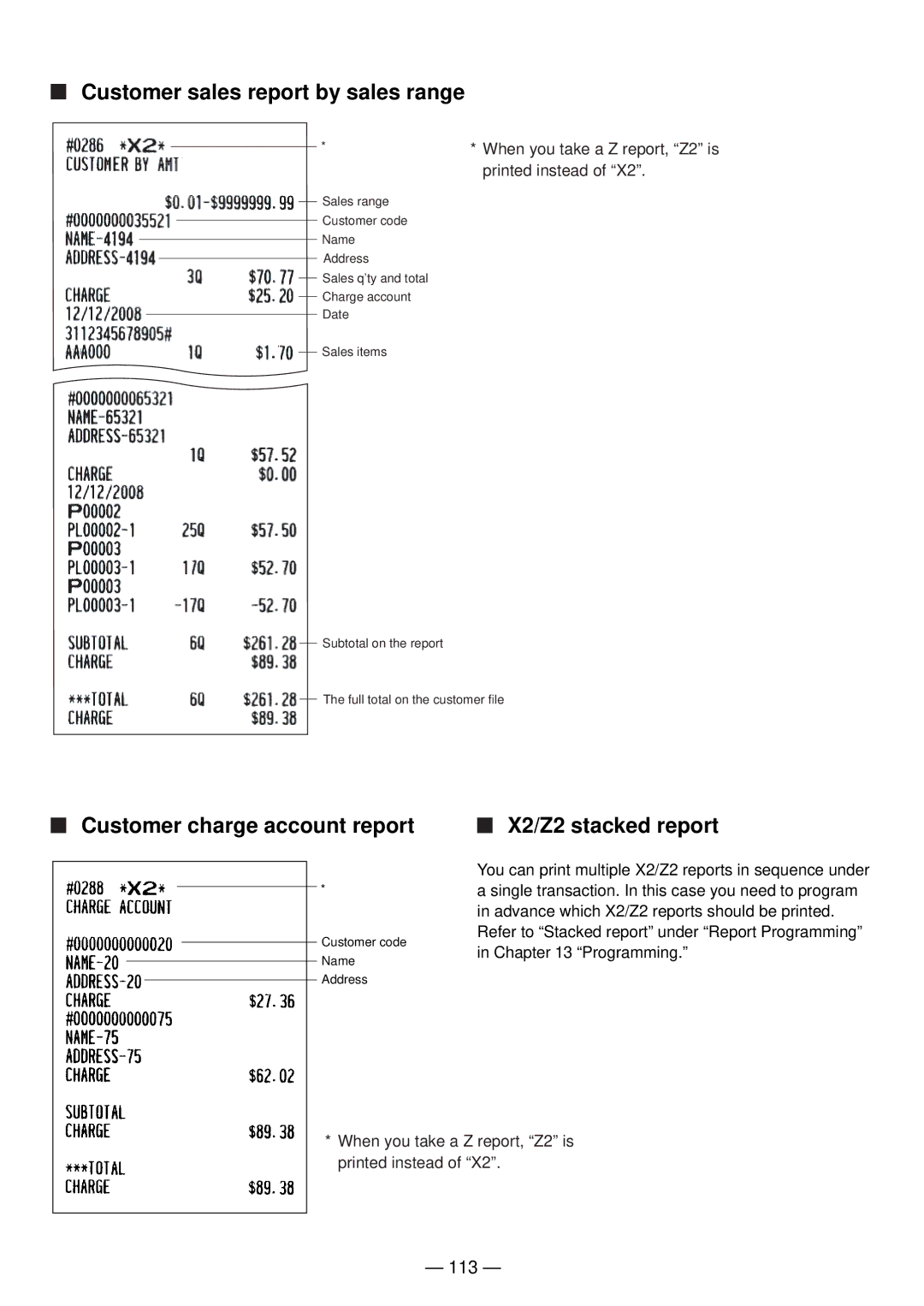 Sharp UP-820N manual Customer sales report by sales range, Customer charge account report, X2/Z2 stacked report, 113 