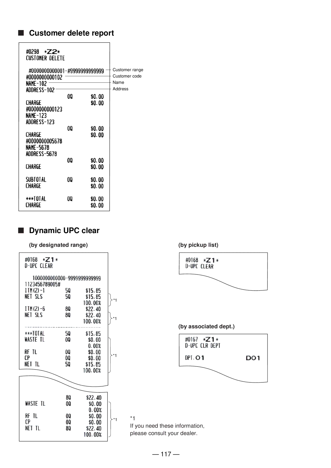 Sharp UP-820N manual Customer delete report, Dynamic UPC clear, 117 