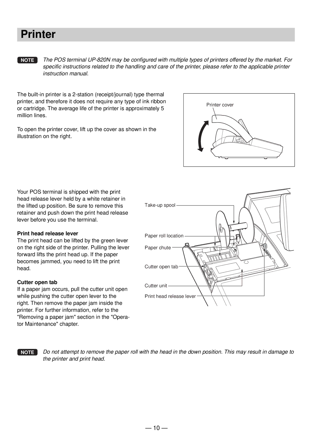 Sharp UP-820N manual Printer, Print head release lever, Cutter open tab 