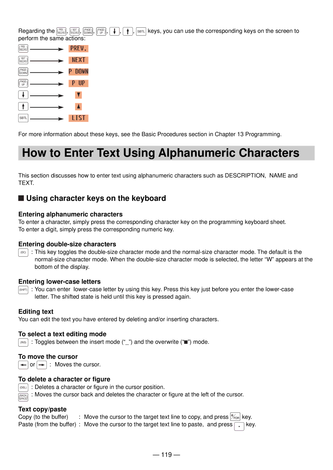 Sharp UP-820N manual How to Enter Text Using Alphanumeric Characters, Using character keys on the keyboard, 119 