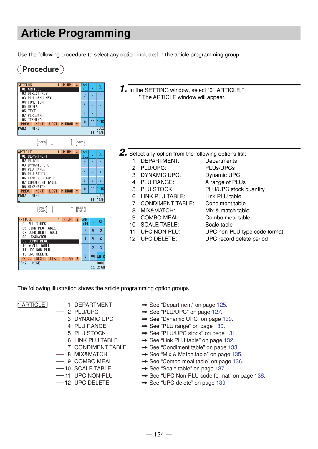 Sharp UP-820N manual Article Programming, 124 