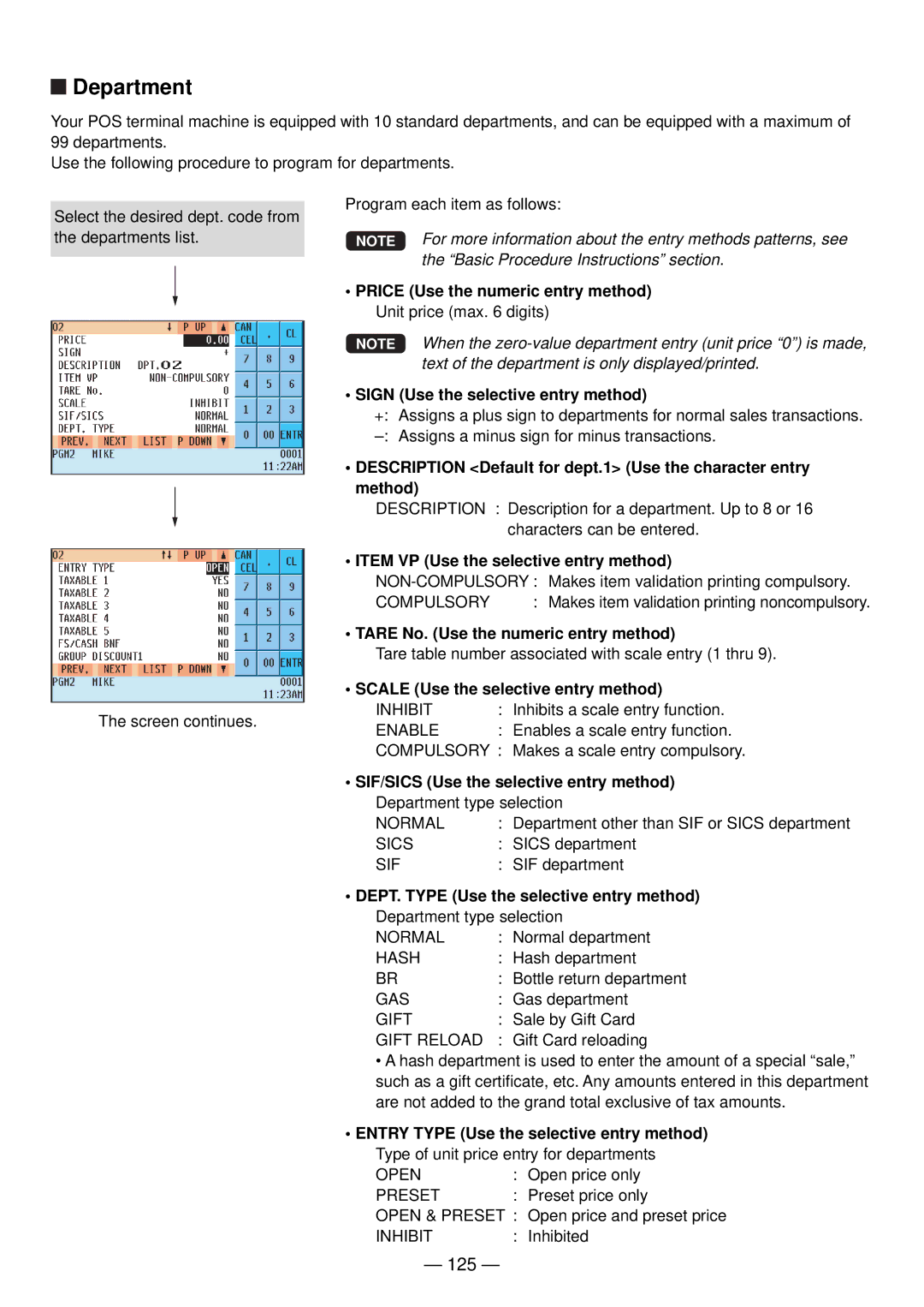 Sharp UP-820N manual Department, 125 