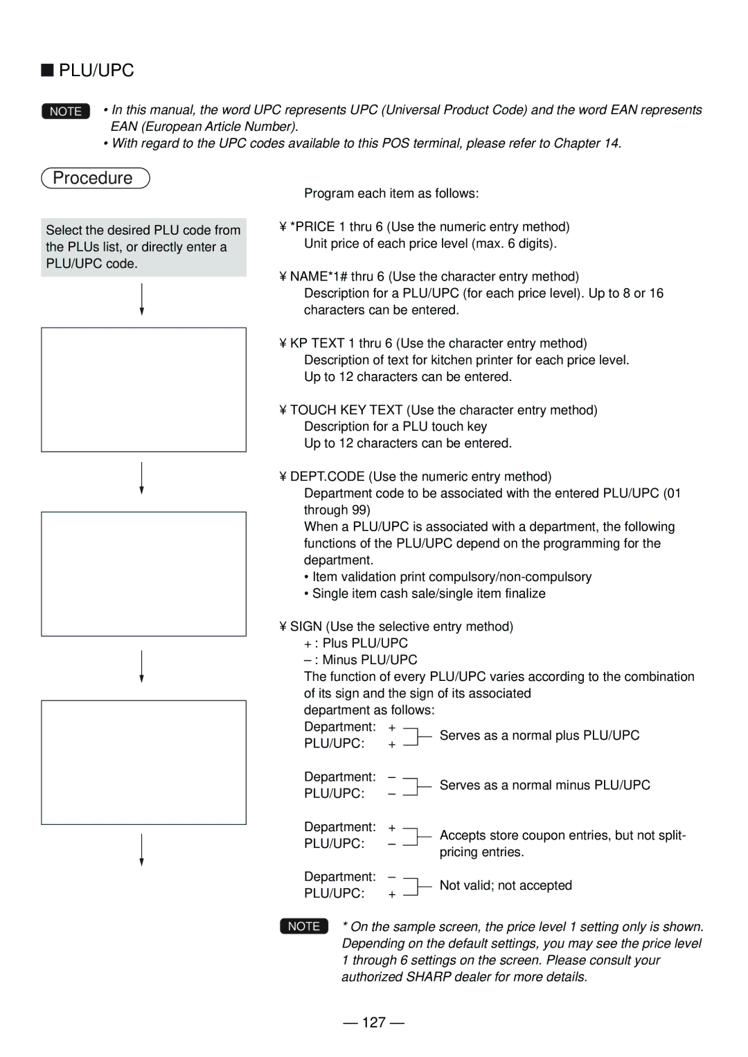 Sharp UP-820N manual 127, DEPT.CODE Use the numeric entry method 